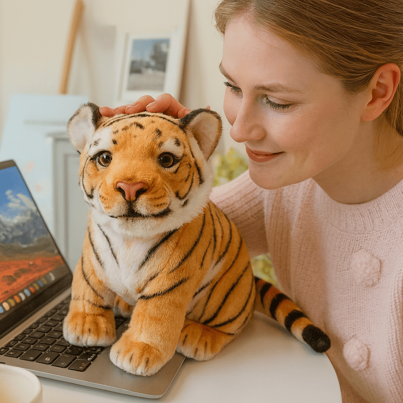 Peluche bébé tigre orange douce sur un ordinateur portable avec une fille