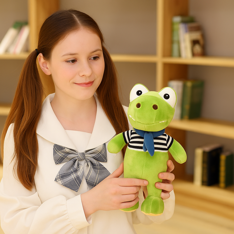 Peluche crocodile avec sa marinière dans les mains d'une femme