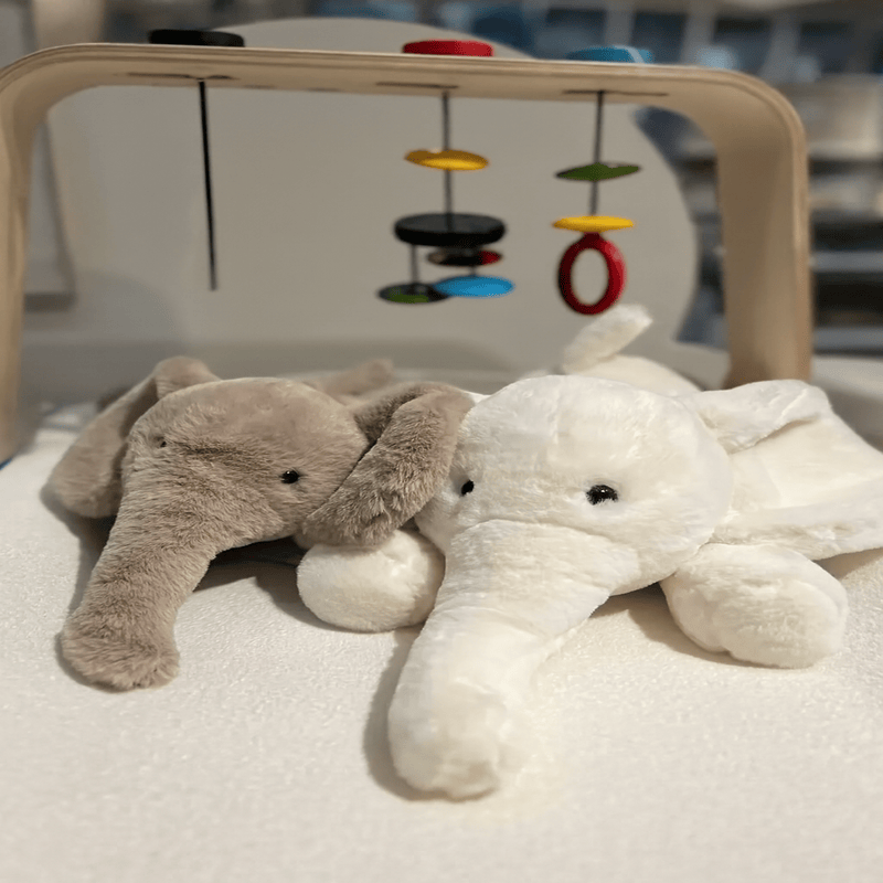 Deux peluches élephants grise et blanche super douce sur une couverture en dessous d'un jouet pour enfant