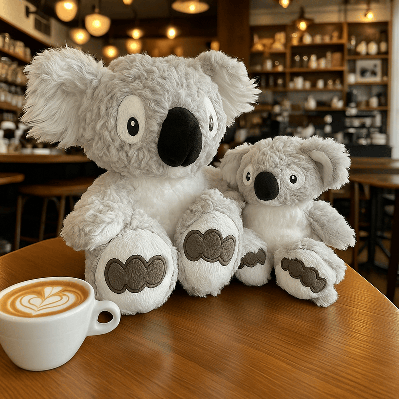 Deux peluches koala au réveil sur une table dans un café