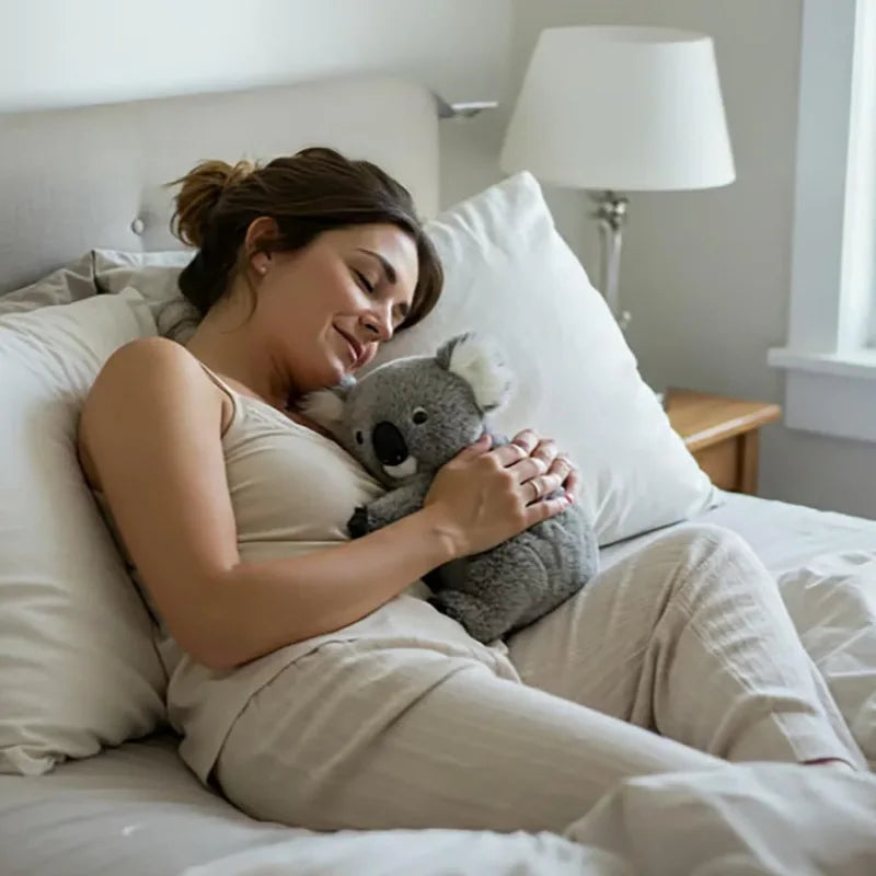 Peluche koala réaliste dans les bras d'une femme endormi dans un lit