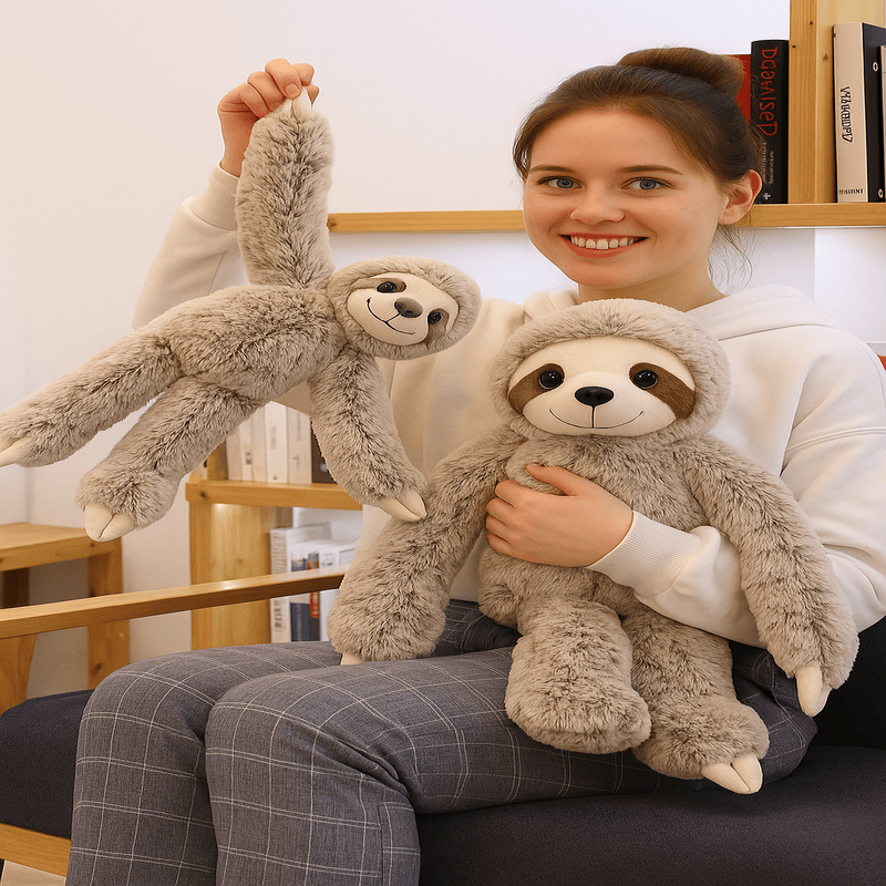 Deux peluches paresseux dans les bras d'une fille assise dans un canapé