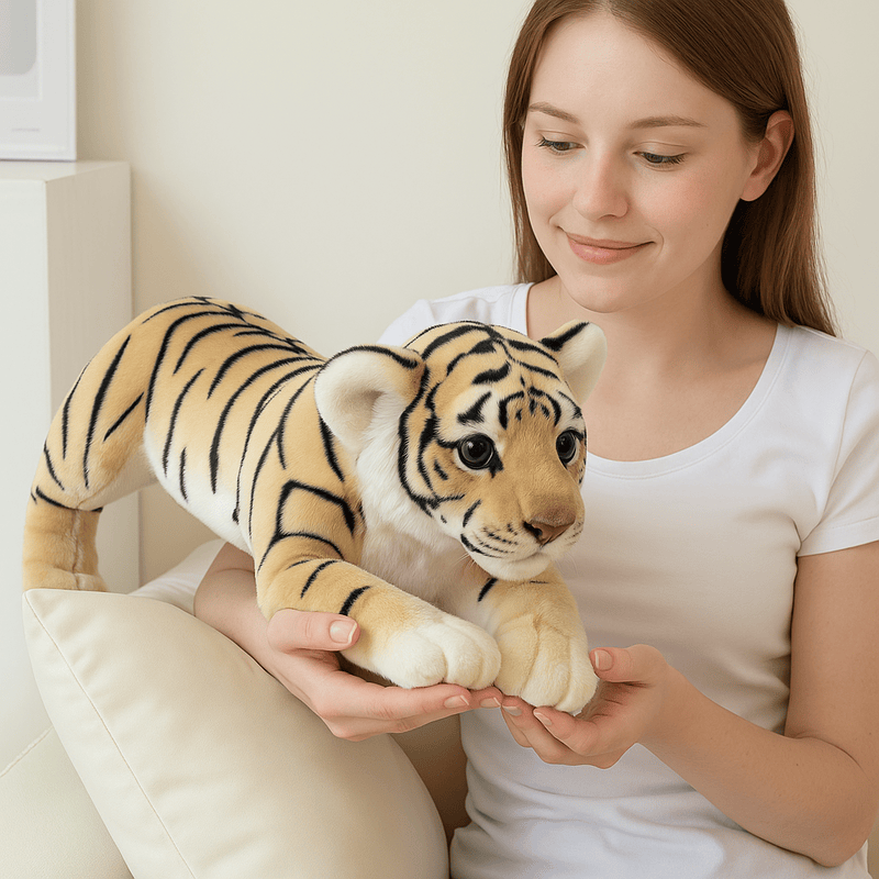 Peluche tigre beige tenue par une fille