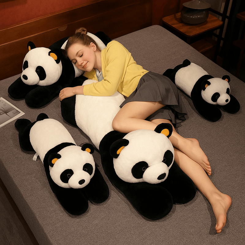 Quatre peluches panda xxl et une fille sur un lit