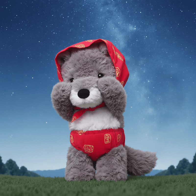 La peluche loup du petit chaperon rouge pleurant dans une prairie