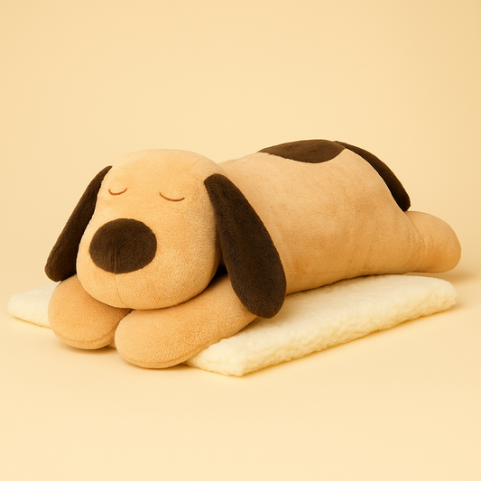 Oreiller XXL en peluche chien marron sur couverture