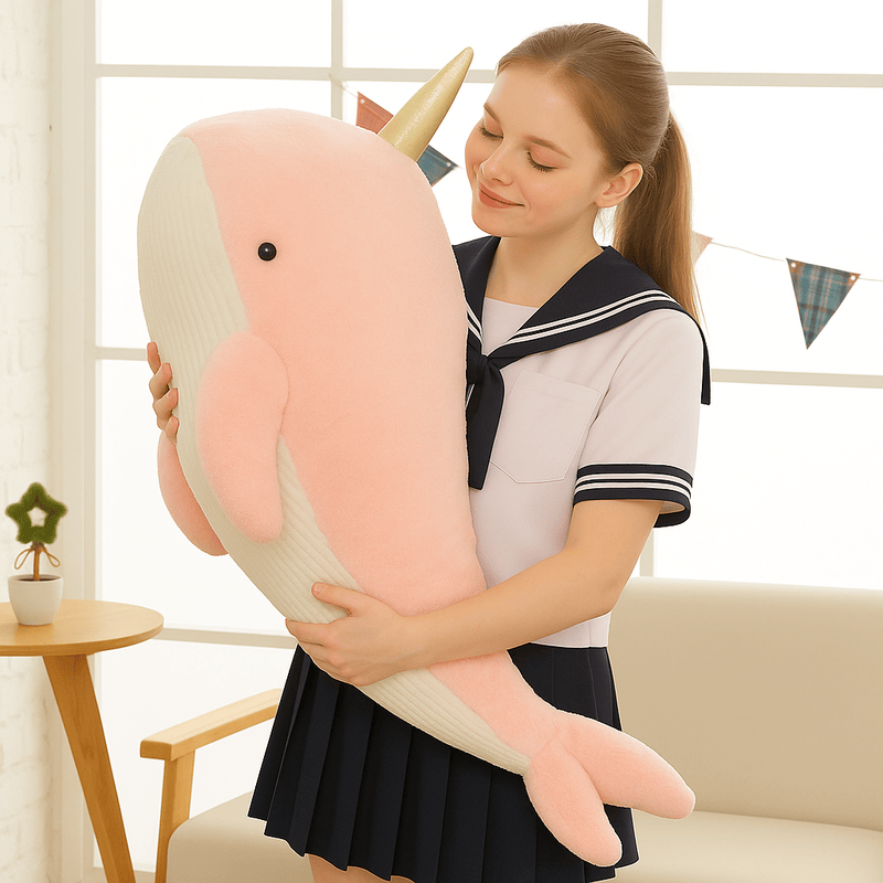 Peluche baleine licorne rose xxl dans les bras d'une fille