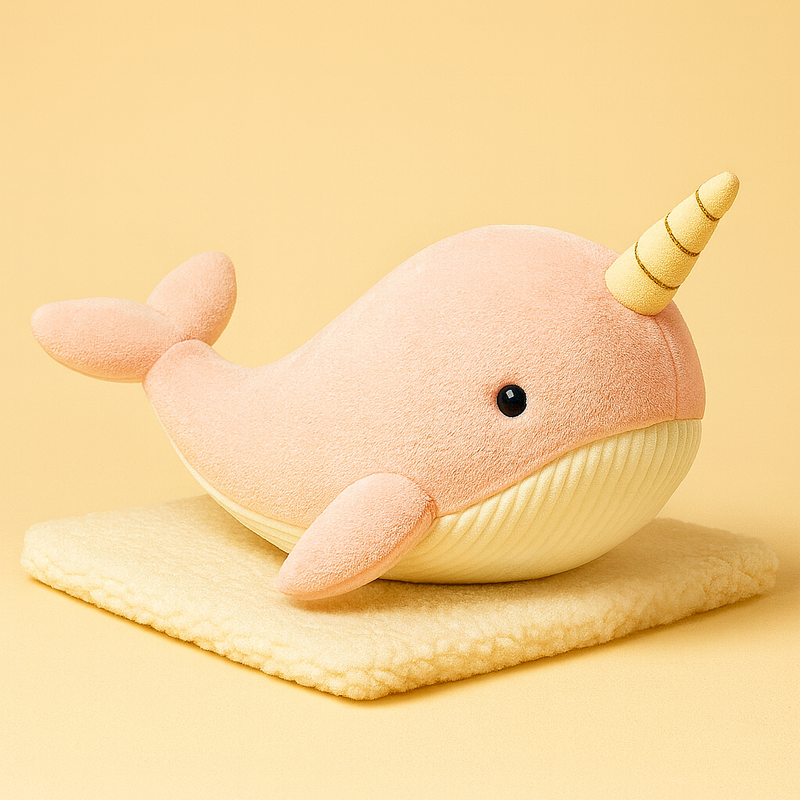 Peluche baleine licorne rose xxl sur une couverture