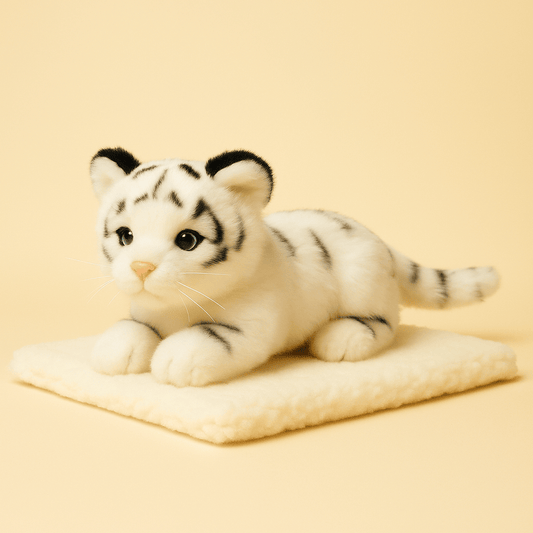 Peluche bébé tigre blanc sur une couverture