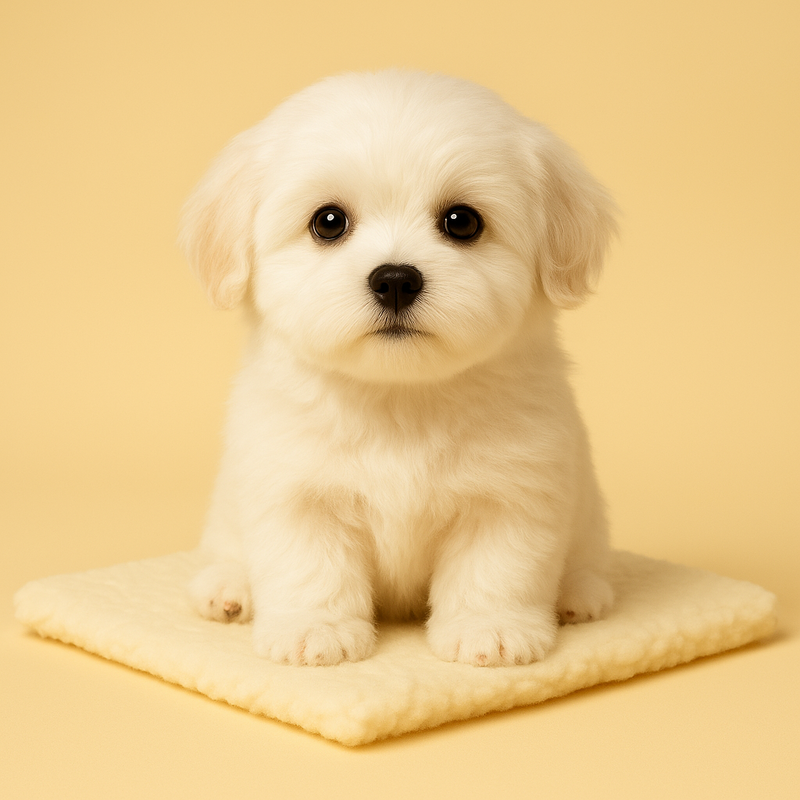 Peluche chien Bichon sur couverture