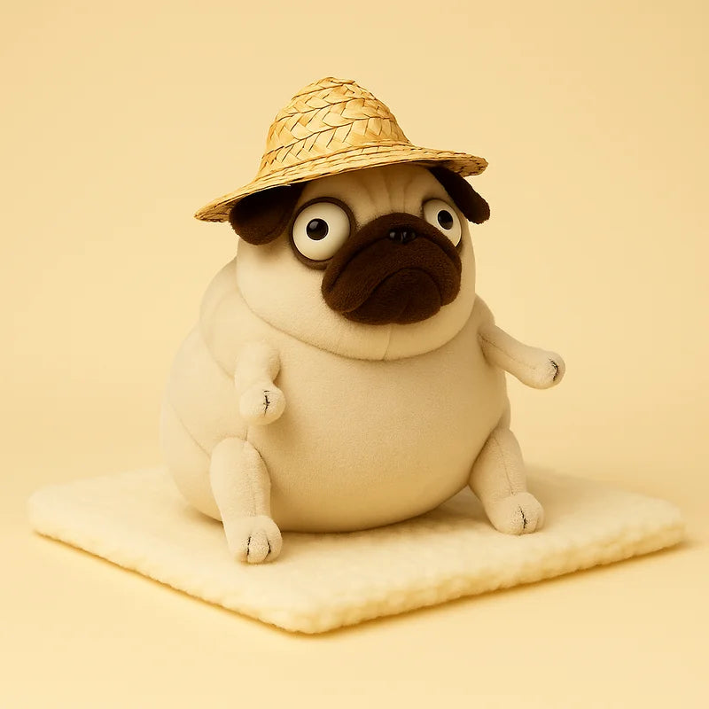 Peluche chien Carlin avec son chapeau et sur sa couverture