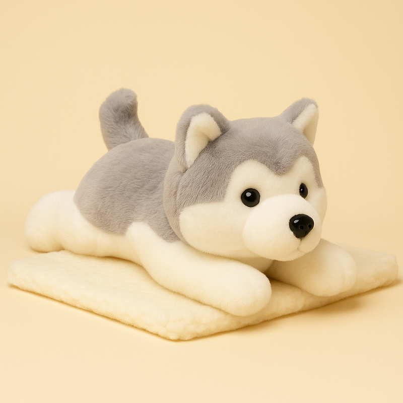 Peluche chien Husky gris sur couverture