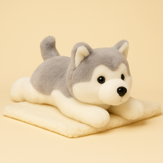 Peluche chien Husky gris sur couverture