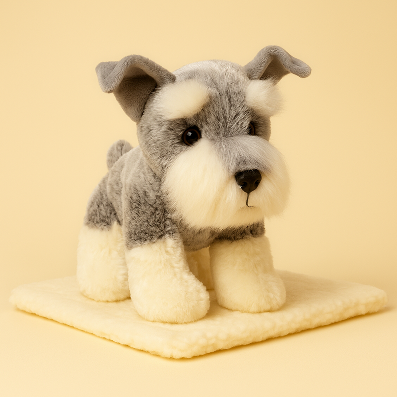 Peluche chien Schnauzer sur couverture
