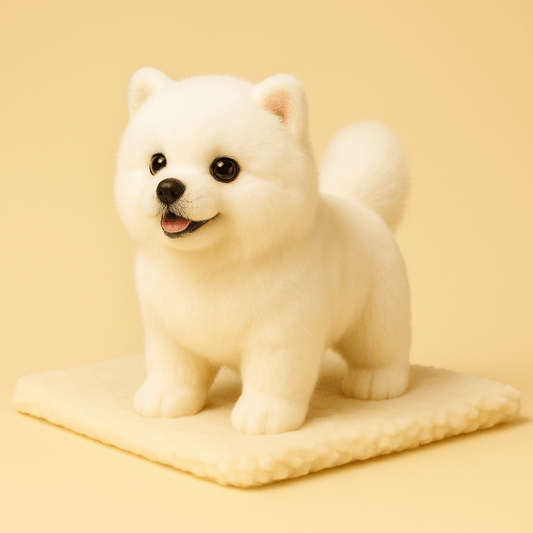 Peluche chien blanc Spitz nain de qualité sur couverture