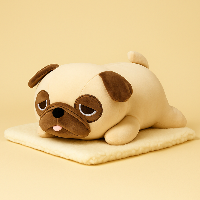 Peluche chien carlin XXL sur couverture