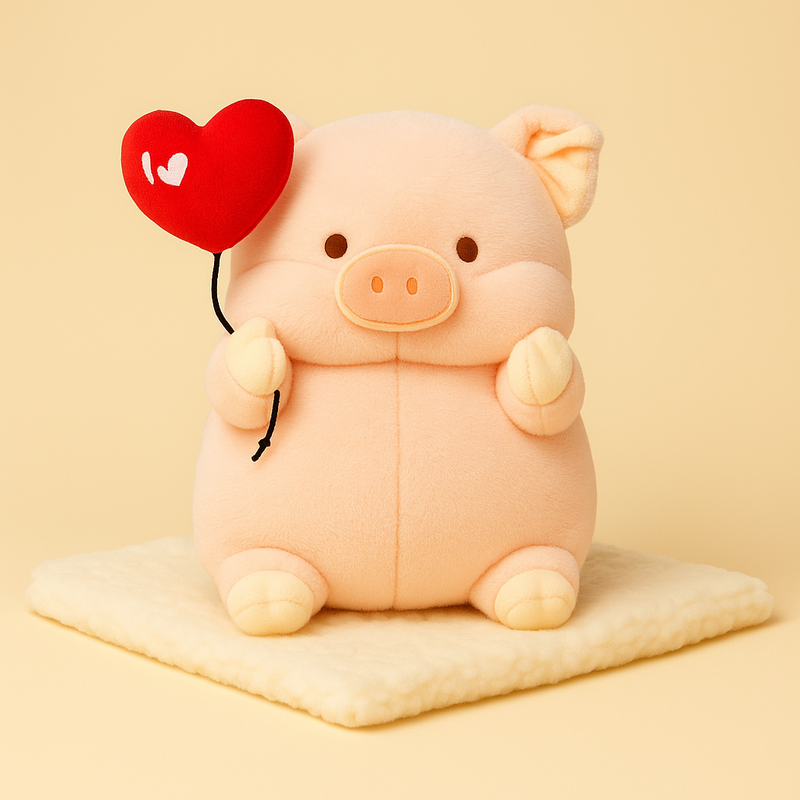 Peluche cochon amoureux sur une couverture