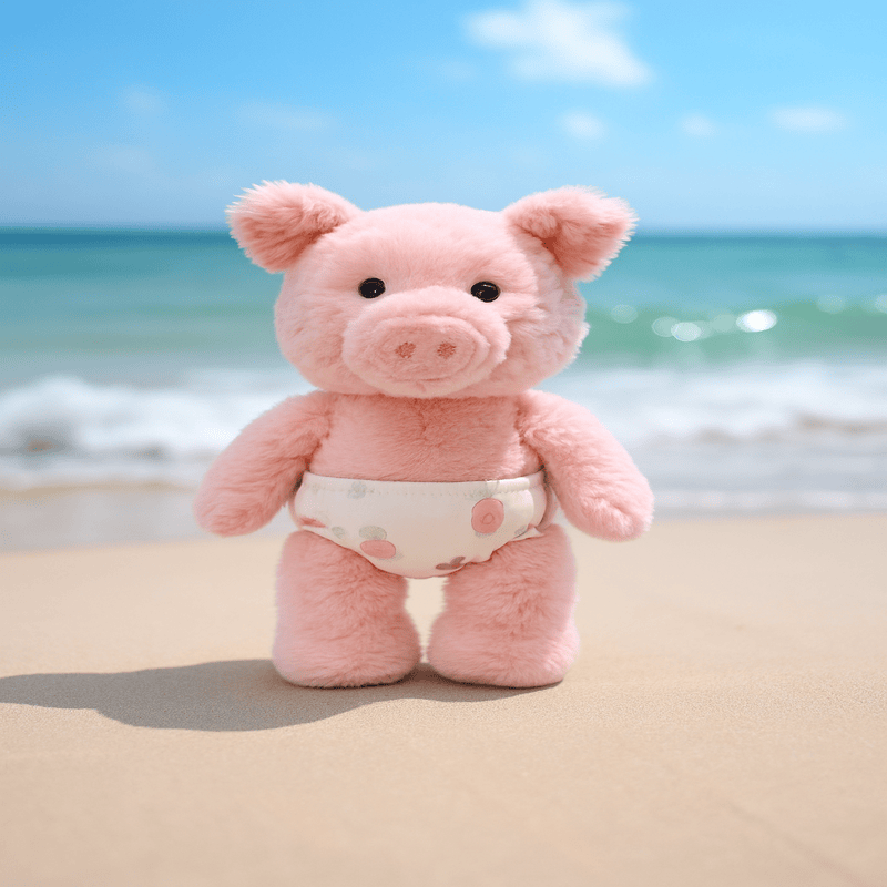 Peluche cochon corse debout à la plage 