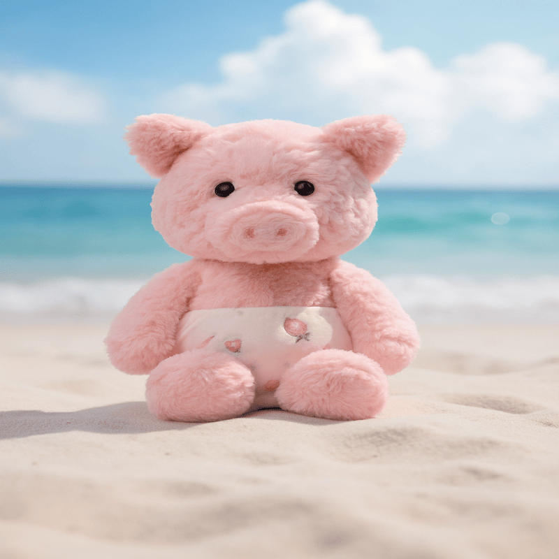 Peluche cochon corse assis à la plage