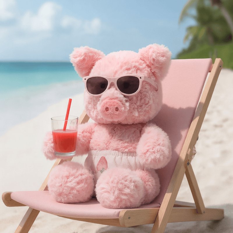 Peluche cochon corse sur un transat avec son cocktail