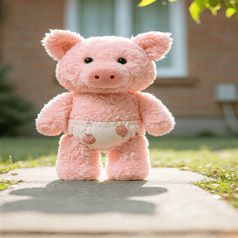 Peluche cochon corse sur le pavé dans un jardin