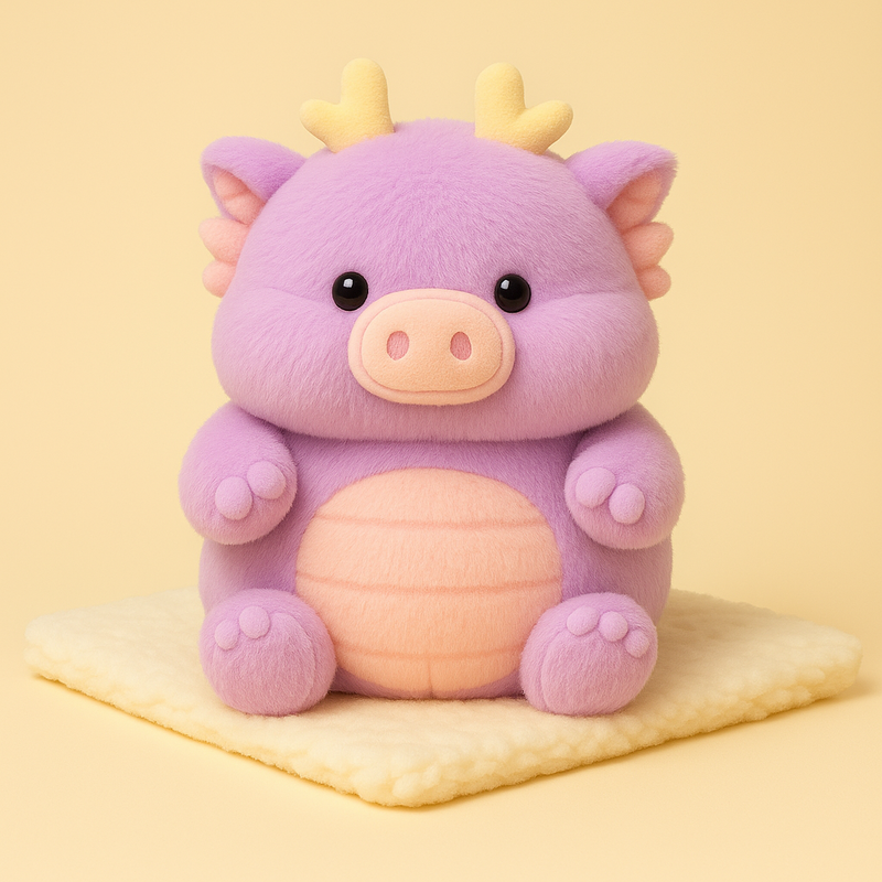 Peluche cochon dragon violet sur une couverture
