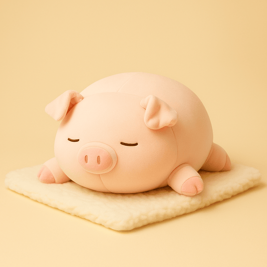 Peluche cochon en coussin sur une couverture