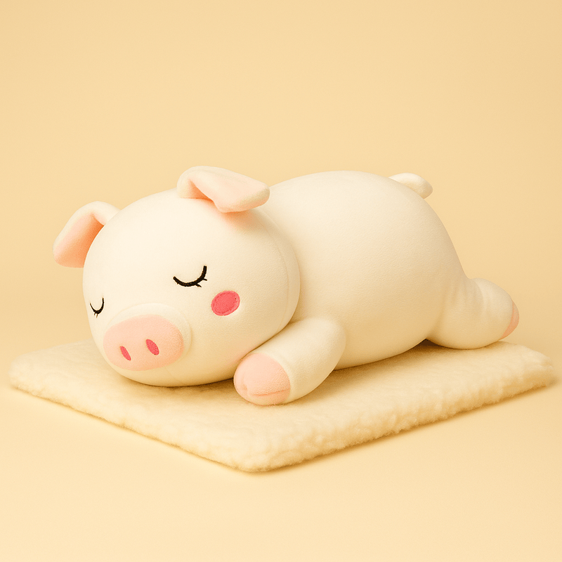 Peluche cochon endormi sur une couverture