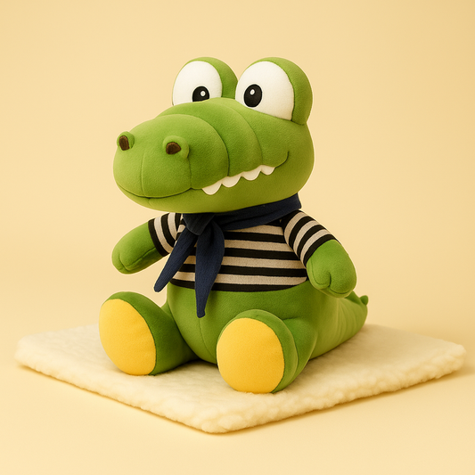 Peluche crocodile avec sa marinière sur une couverture