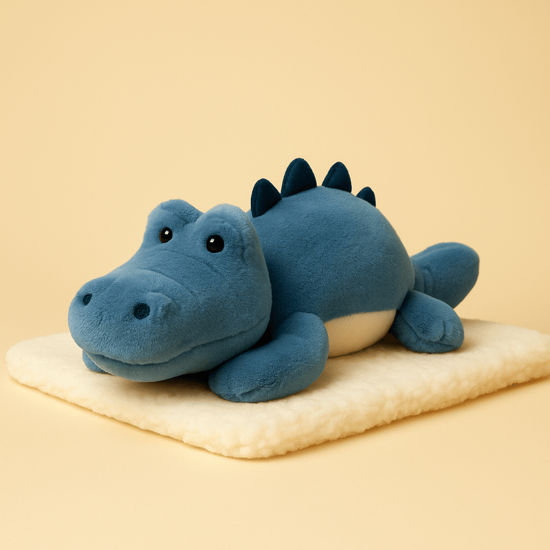 Peluche crocodile bleu sur une couverture