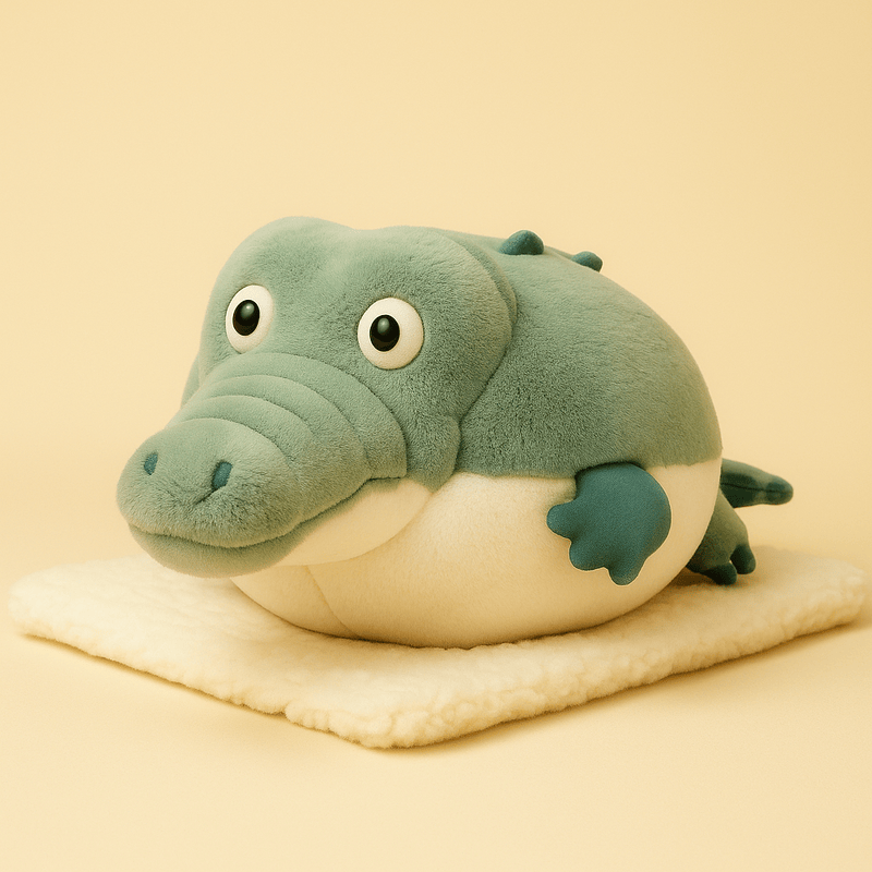 Peluche crocodile cartoon sur une couverture