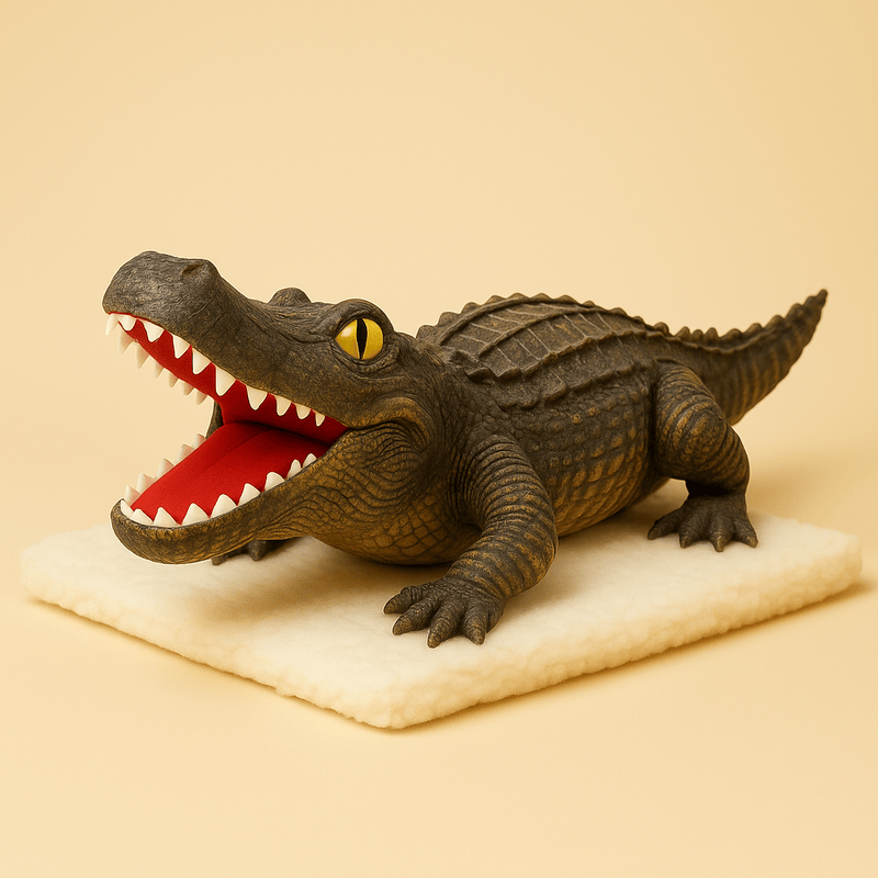 Peluche crocodile préhistorique sur une couverture
