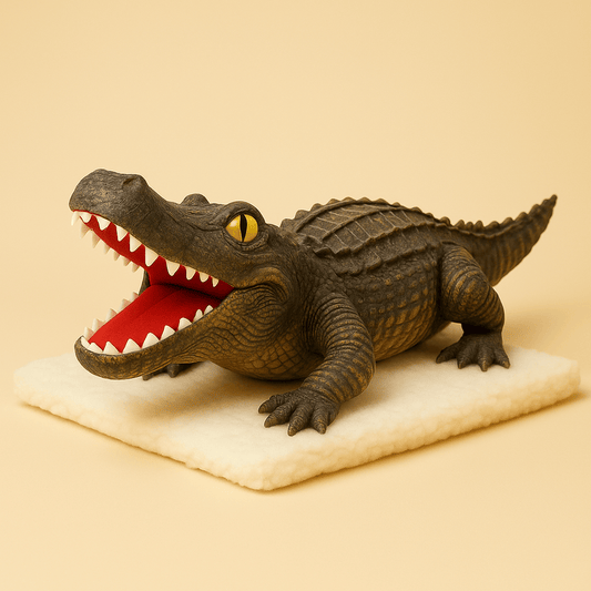 Peluche crocodile préhistorique sur une couverture