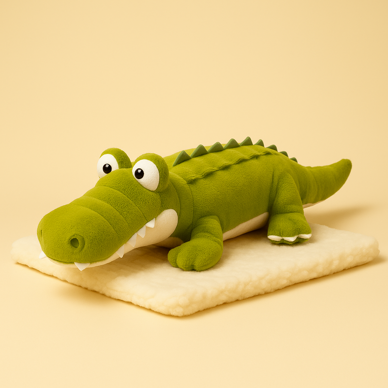 Peluche crocodile rigolo aux gros yeux sur une couverture