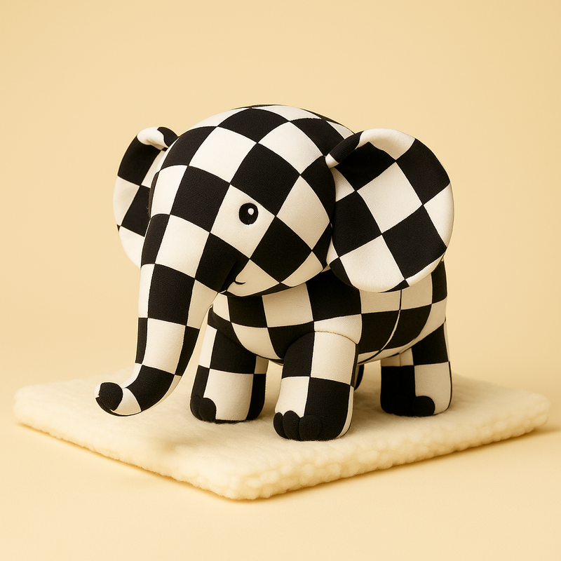 Peluche éléphant damier sur une couverture