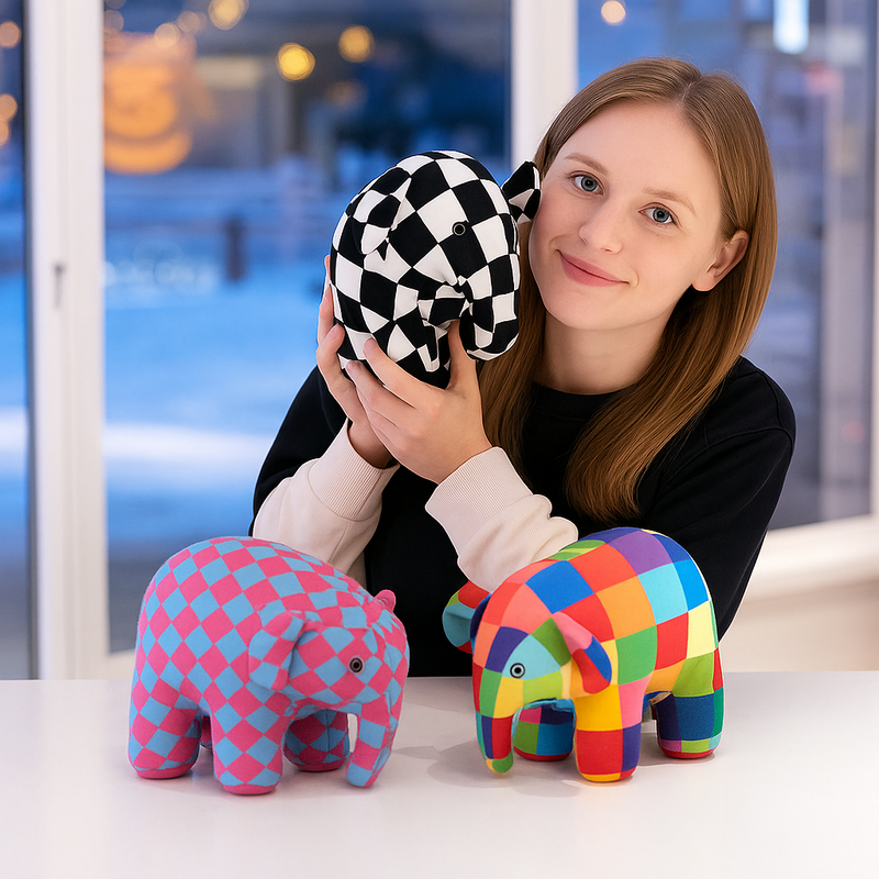 Trois peluches éléphant à carreaux sur une table et une peluche éléphant damier tenu par une fille