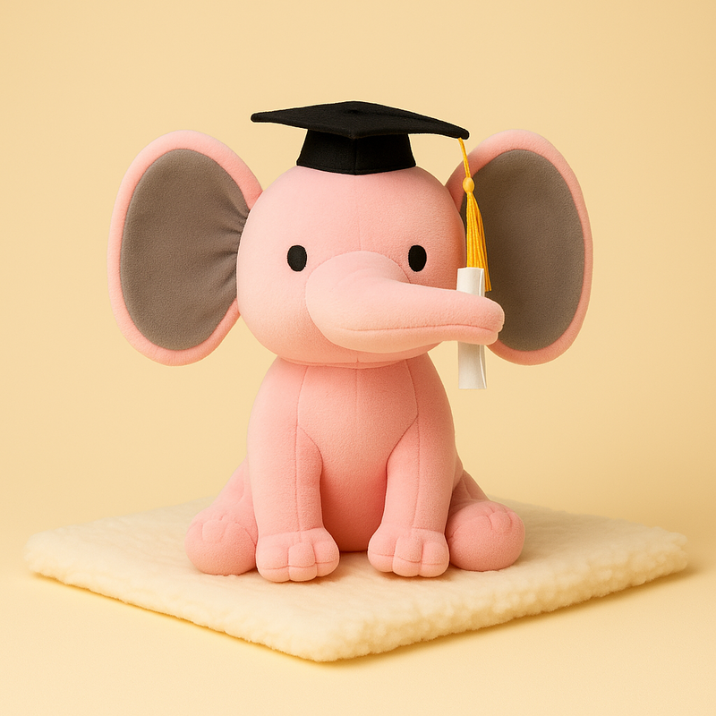 Peluche éléphant rose diplômé sur une couverture