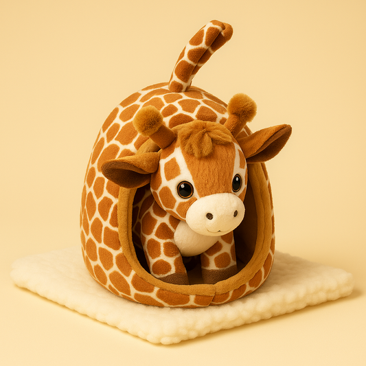 Peluche girafe avec sa maison sur une couverture