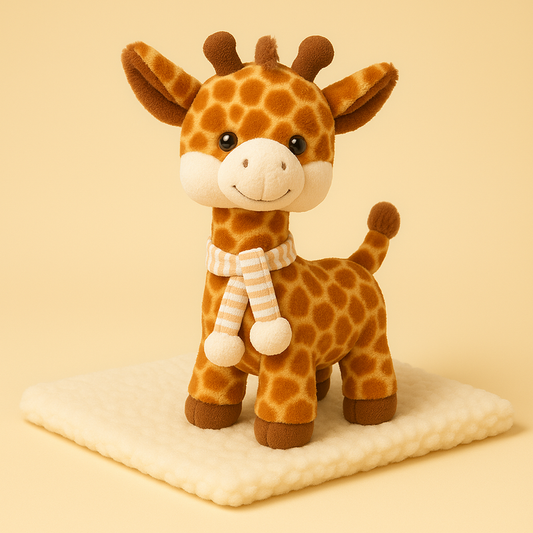 Peluche girafe avec son écharpe sur couverture