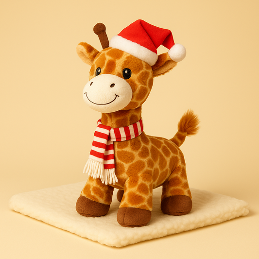 Peluche girafe de noël sur couverture