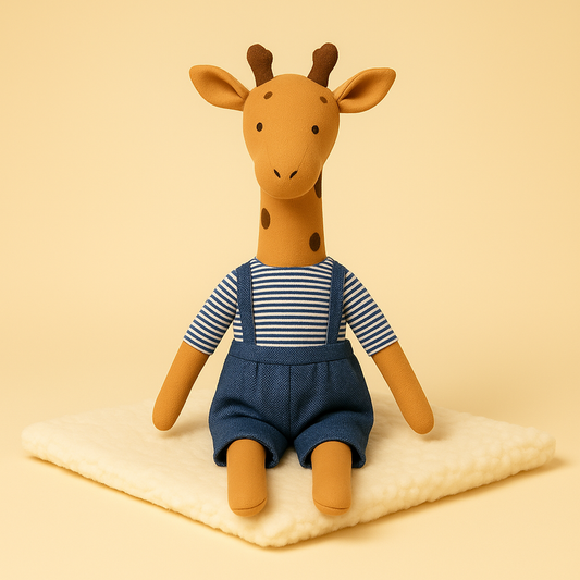 Peluche girafe habillée en bleu sur une couverture