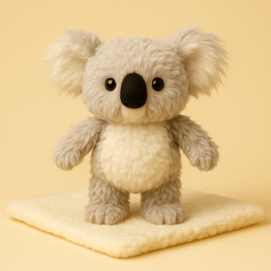 Peluche koala au réveil sur couverture