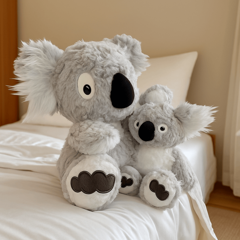 Deux peluches koala au réveil sur un lit