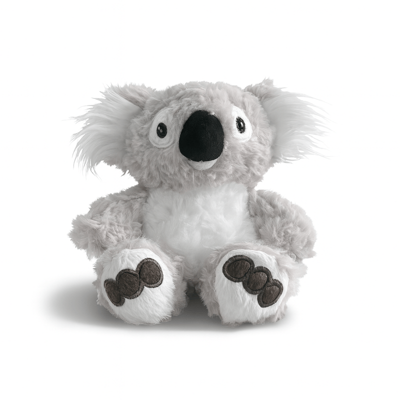 Peluche koala au réveil assis sur fond blanc