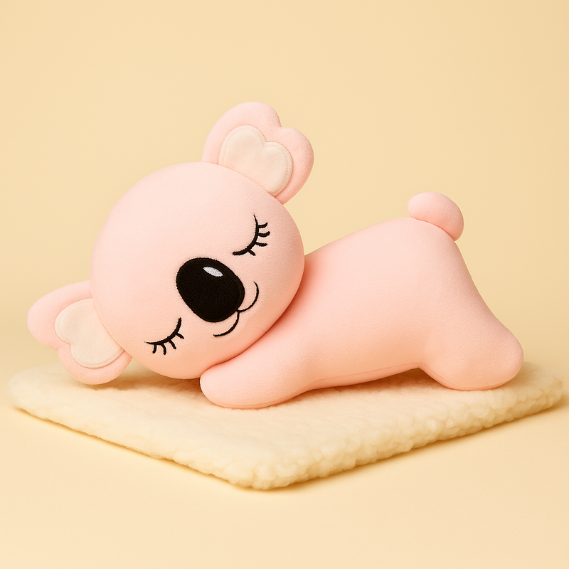 Peluche koala rose endormi sur couverture