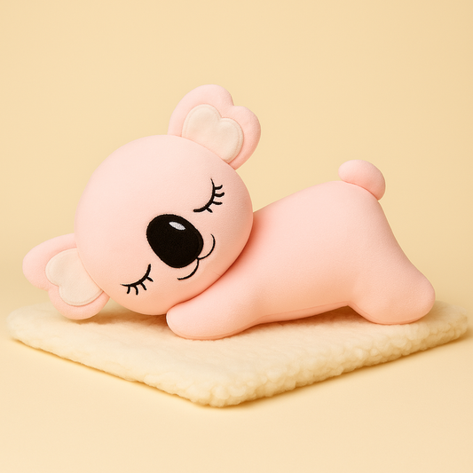 Peluche koala rose endormi sur couverture