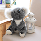 Peluche koala gris grande famille sur un banc avec un coussin avec une lampe à bougie