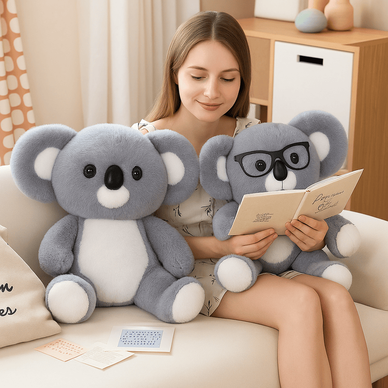 Deux peluches koala mignonne assise sur les genoux d'une fille et sur un canapé