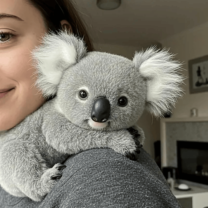 Peluche koala réaliste sur l'épaule d'une femme 