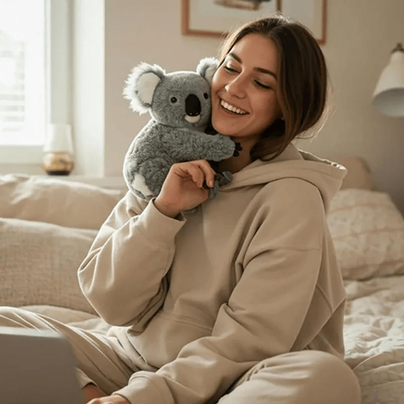 Peluche koala réaliste autour du cou d'une femme assise en tailleur sur un lit 